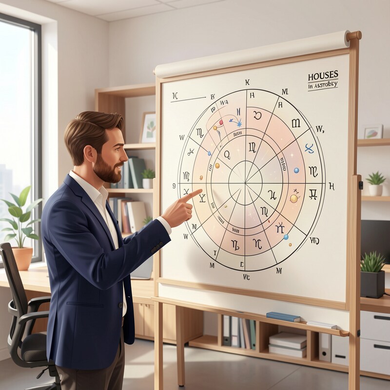 Astrologer explaining astrology birth chart houses with zodiac signs and planets