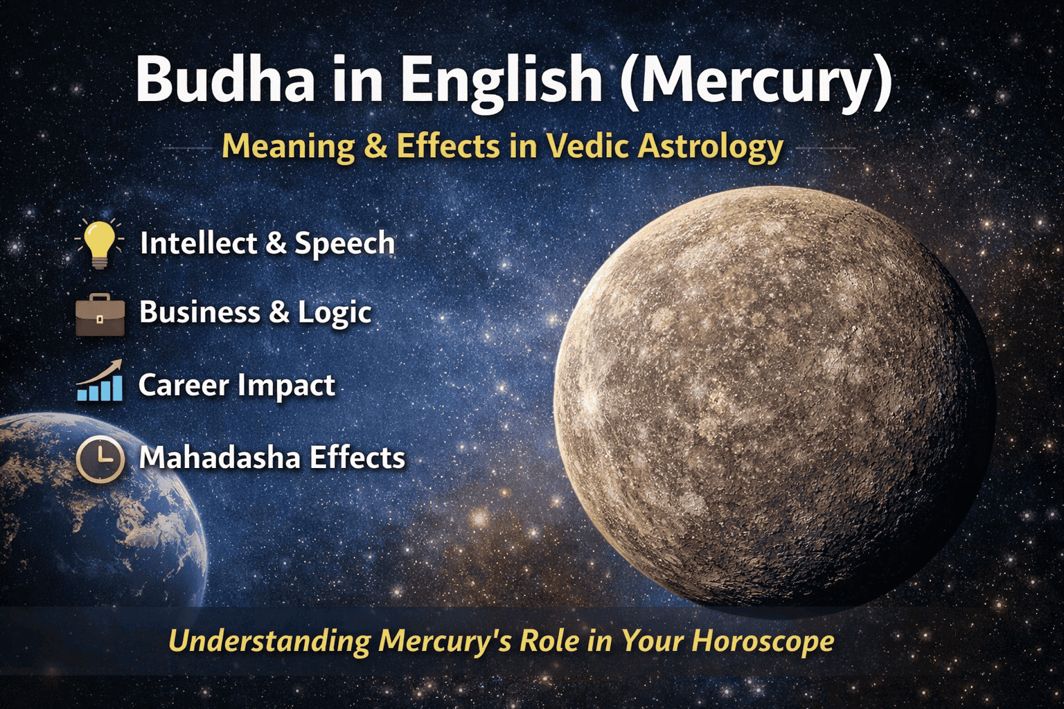 Illustration of Budha in English (Mercury) with key meanings in Vedic astrology, including intellect, communication, career impact, and Mahadasha effects.