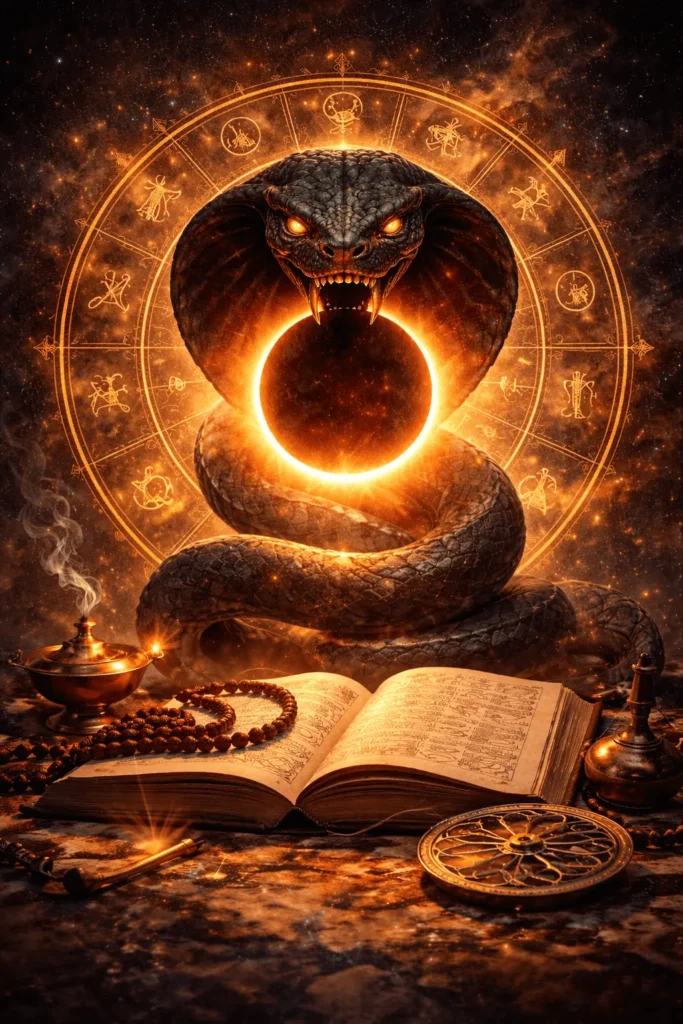 Digital illustration of Rahu represents in Vedic astrology, showing a serpent-headed figure swallowing an eclipse, with an astrological book, mala beads, and cosmic patterns in the background