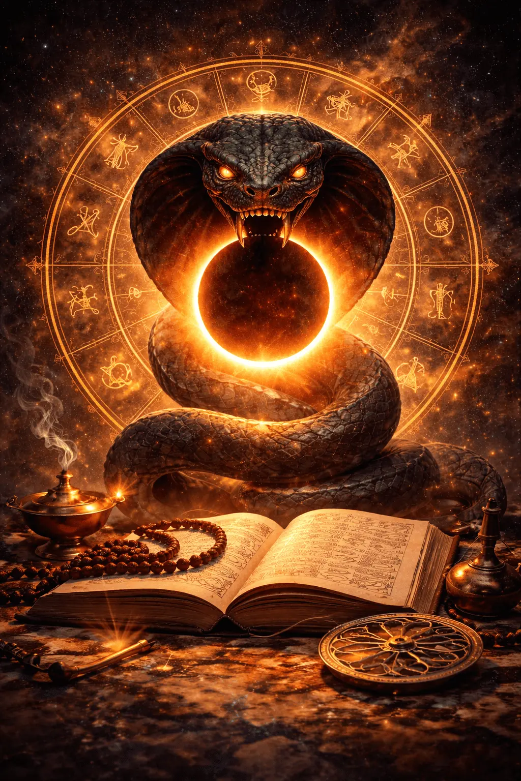 Digital illustration of Rahu represents in Vedic astrology, showing a serpent-headed figure swallowing an eclipse, with an astrological book, mala beads, and cosmic patterns in the background