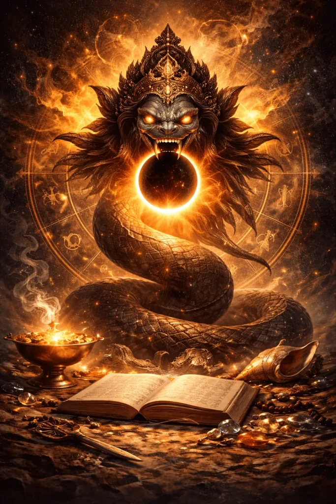 Serpent-headed Rahu swallowing the sun during an eclipse with a cosmic background representing mythological symbolism in Vedic astrology